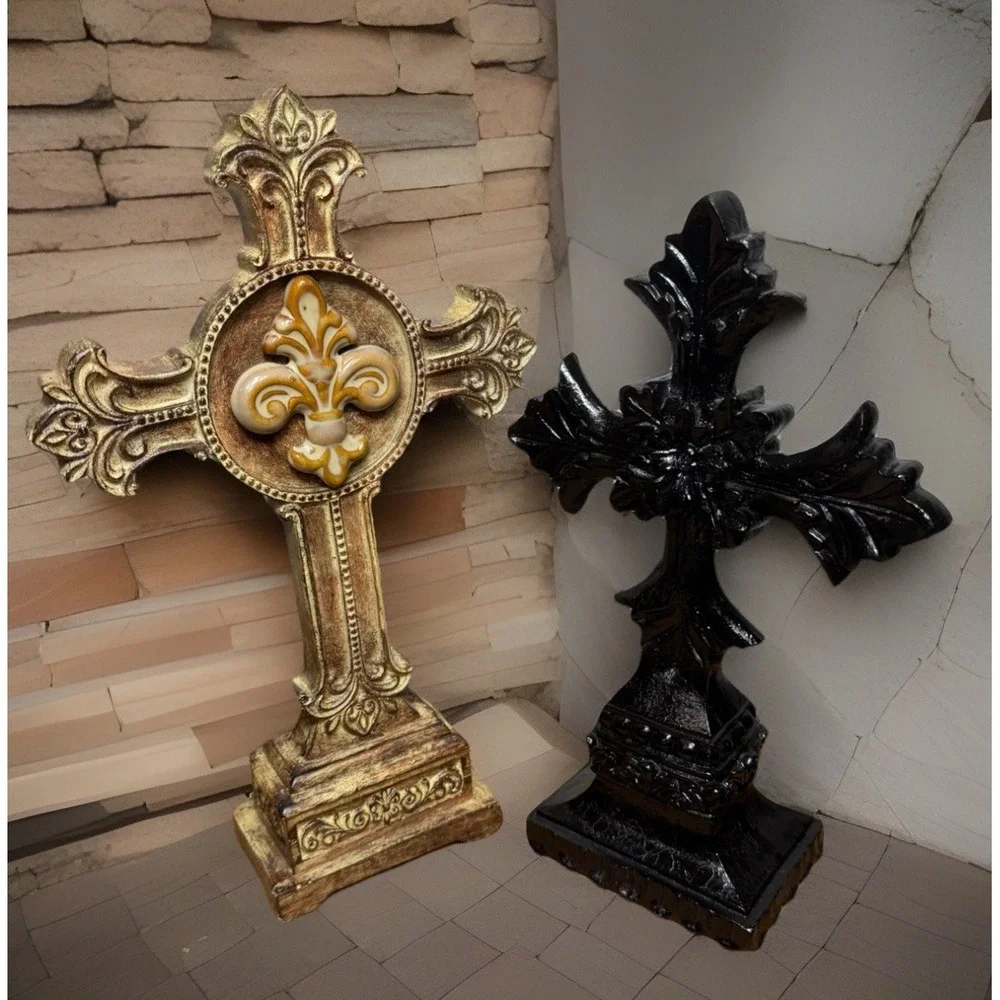 Heavy Distressed Fleur De Lis Cross Tabletop Accent Victorian Gothic Lot Of 2